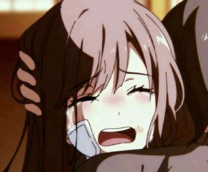 sad anime girl hugging boy